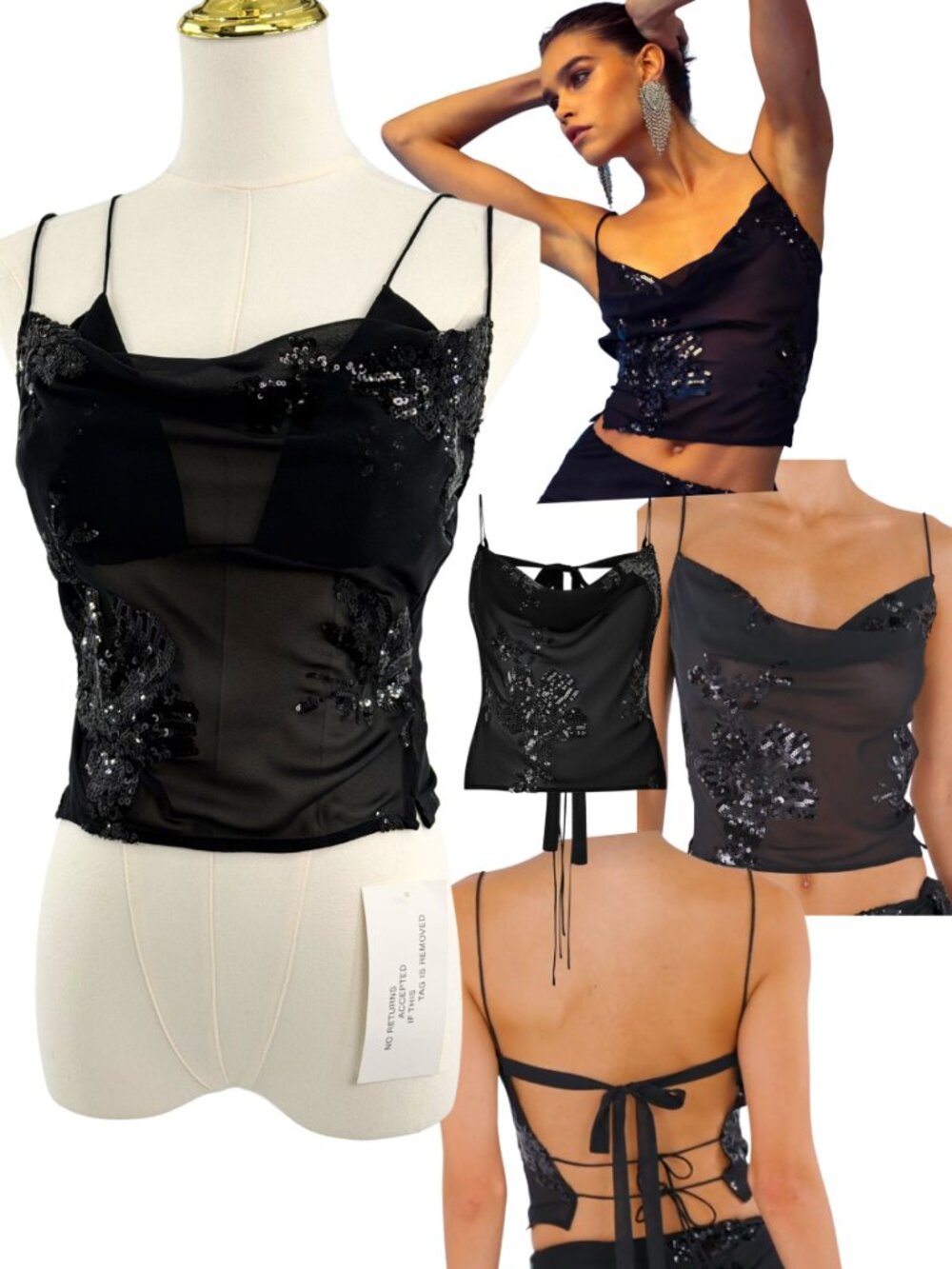 🆕 RAT & BOA 🧿 NWT Zanetti Enigma Tie-Back Cami + Bra, Black w Sequins - Sz XXS